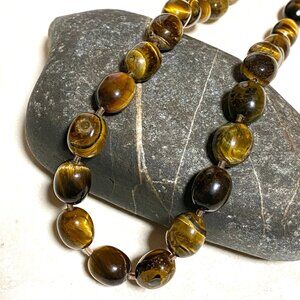 Nature Yellow Brown Tiger's Eye Necklace, Oval Genuine Gemstone Beaded Necklace
